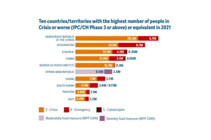Graf over de 10 lande med den højeste andel af mennesker i krise eller værre