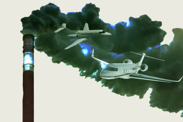 illustration af skorsten med røg hvor to privatfly flyver i røgen