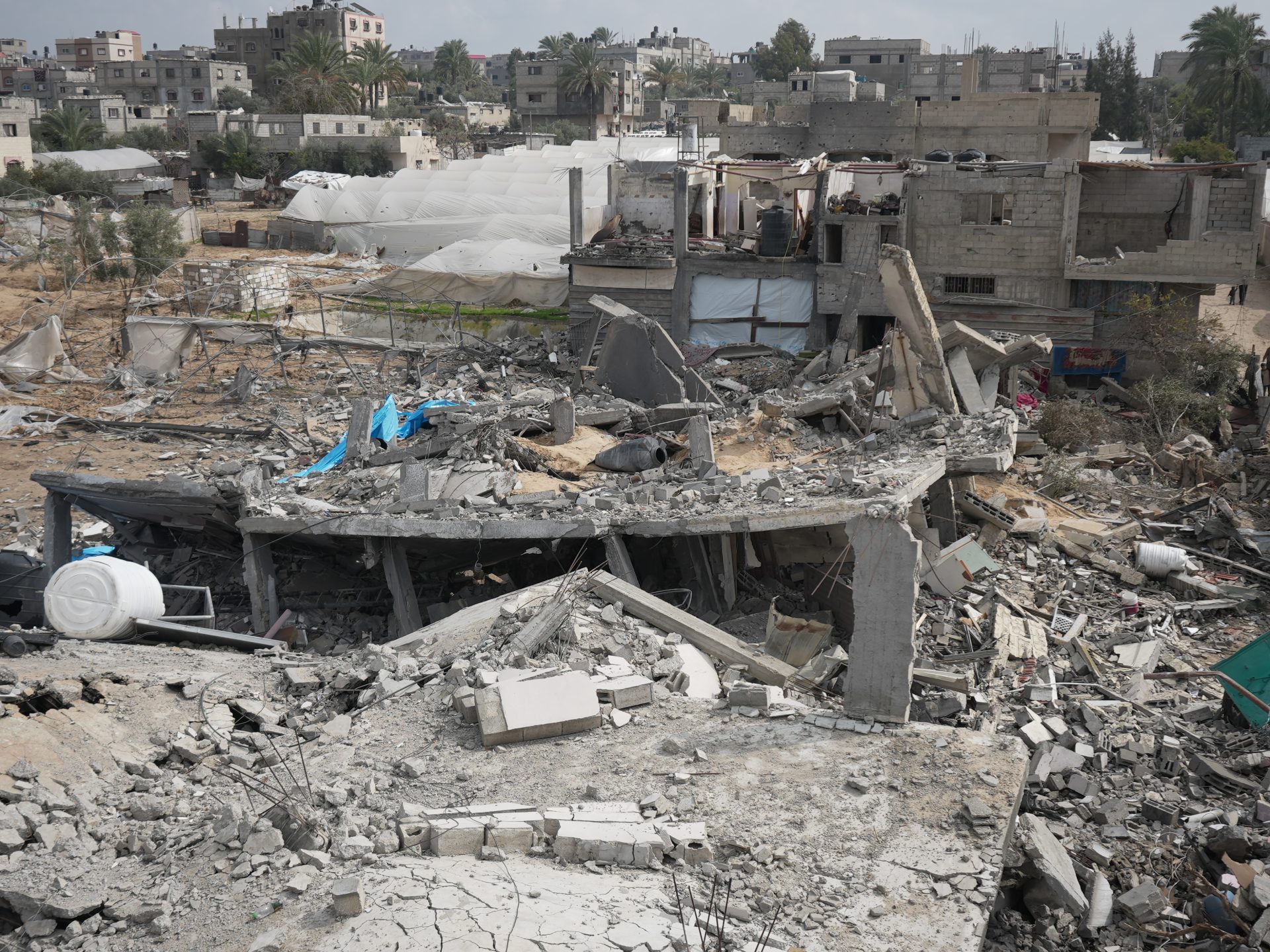Bombede bygninger, Rafah, februar 2024. 