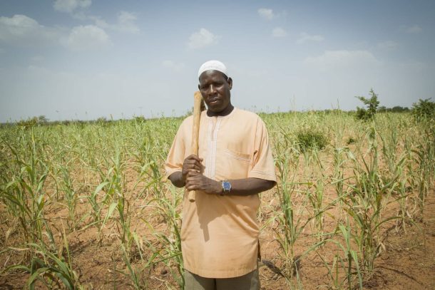 Idrissa Ouedraogo, landmand, Burkina Faso, står på sin visnede mark med en hakke