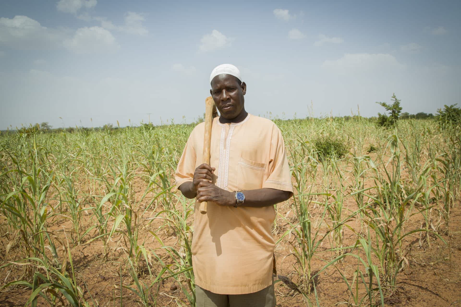 Idrissa Ouedraogo, landmand, Burkina Faso, står på sin visnede mark med en hakke